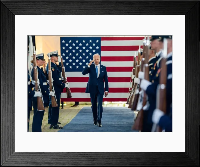 Framed Print : President Joe Biden salutes the honor guard on his arrival for the US Coast Guard Change of Command Ceremony, Washington, DC Framed Print : President Joe Biden salutes the honor guard on his arrival for the US Coast Guard Change of Command Ceremony, Washington, DC
