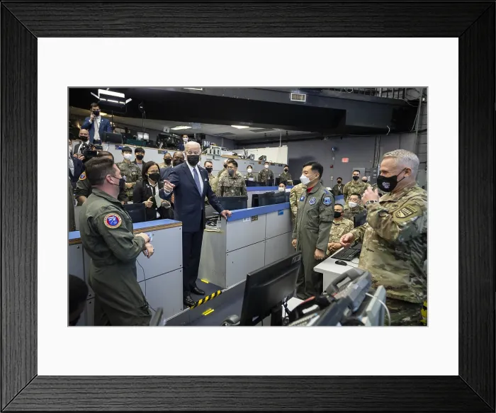 Framed Print : President Joe Biden greets Korean and American military personnel on the Combat Operations floor of Osan Air Base in Seoul, South Korea