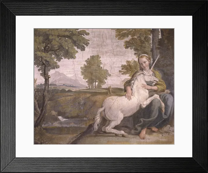 Framed Print : The Virgin and the Unicorn (La vergine e l'unicorno), by Domenico Zampieri known as Domenichino, 1604 - 1605, 17th century, fresco. - Italy, Lazio, Rome, Palazzo Farnese Framed Print : The Virgin and the Unicorn (La vergine e l'unicorno), by Domenico Zampieri known as Domenichino, 1604 - 1605, 17th century, fresco. - Italy, Lazio, Rome, Palazzo Farnese