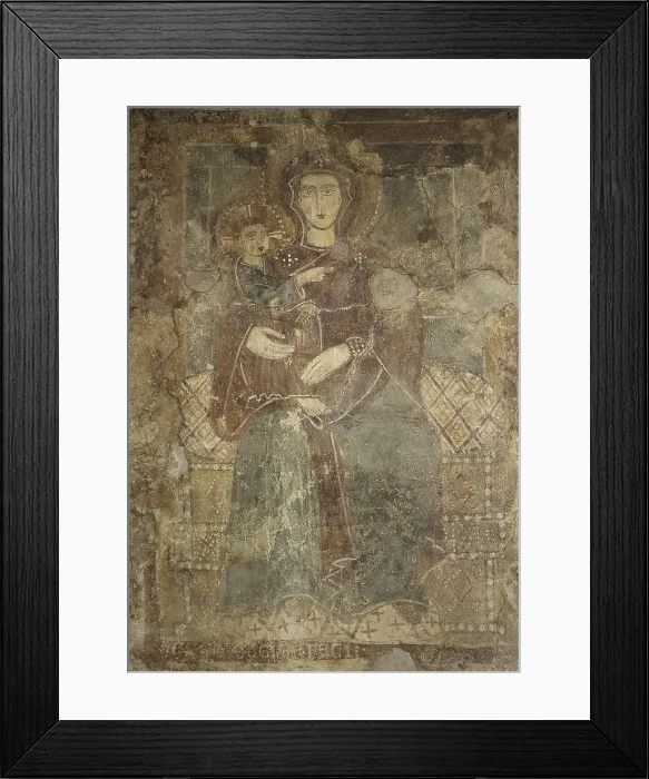 Framed Print : Madonna and Child Enthroned, by Maestro Cicogna, 14th century, fresco. - Italy, Veneto, Malcesine, Scaliger Castle. Whole artwork view Framed Print : Madonna and Child Enthroned, by Maestro Cicogna, 14th century, fresco. - Italy, Veneto, Malcesine, Scaliger Castle. Whole artwork view