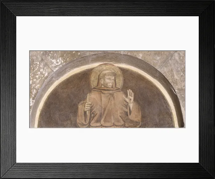 Framed Print : St. Francis, by Master of San Lorenzo in Vicenza, 14th century, fresco. - Italy, Veneto, Vicenza, Church of San Lorenzo. Whole artwork view. St Framed Print : St. Francis, by Master of San Lorenzo in Vicenza, 14th century, fresco. - Italy, Veneto, Vicenza, Church of San Lorenzo. Whole artwork view. St