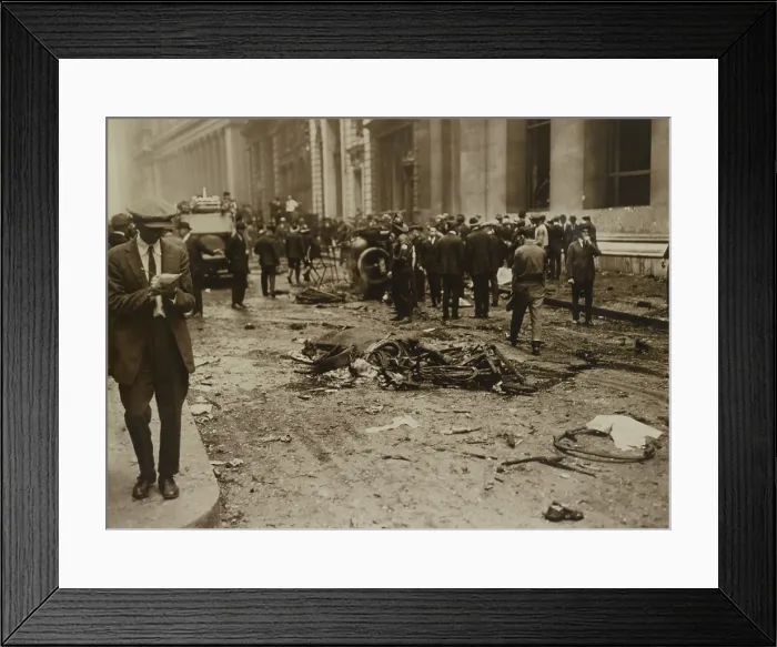 Framed Print : Crowd gathered behind a dead horse after the Wall Street Bombing, Sept. 16, 1920. The dead horse was the biggest clue to the bombing