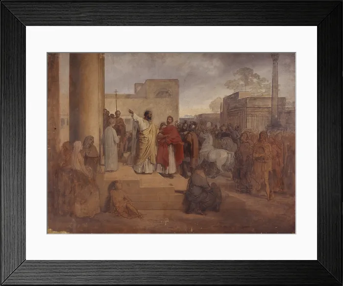 Framed Print : St. Ambrose refuses entry into the Temple to the Emperor Theodosius, by Francesco Hayez, 19th century, oil on canvas, 85 x 116.2 cm Framed Print : St. Ambrose refuses entry into the Temple to the Emperor Theodosius, by Francesco Hayez, 19th century, oil on canvas, 85 x 116.2 cm