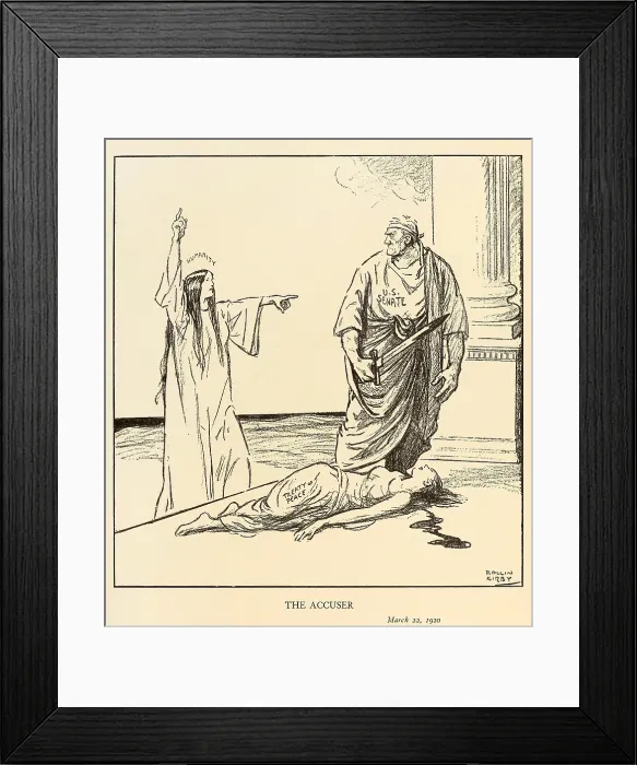 Framed Print : THE ACCUSER. Political cartoon about the U.S. rejection of the Treaty of Versailles after WW1. Personification of Humanity confronts the U.S Framed Print : THE ACCUSER. Political cartoon about the U.S. rejection of the Treaty of Versailles after WW1. Personification of Humanity confronts the U.S