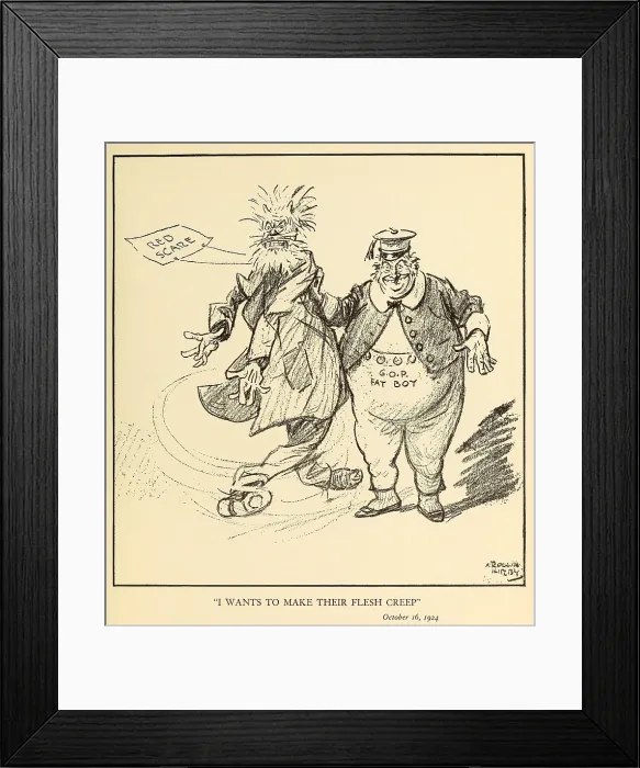Framed Print : I WANTS TO MAKE THEIR FLESH CREEP. Political cartoon showing a G.O.P. Fatboy waving a threatening puppet representing the Red Scare