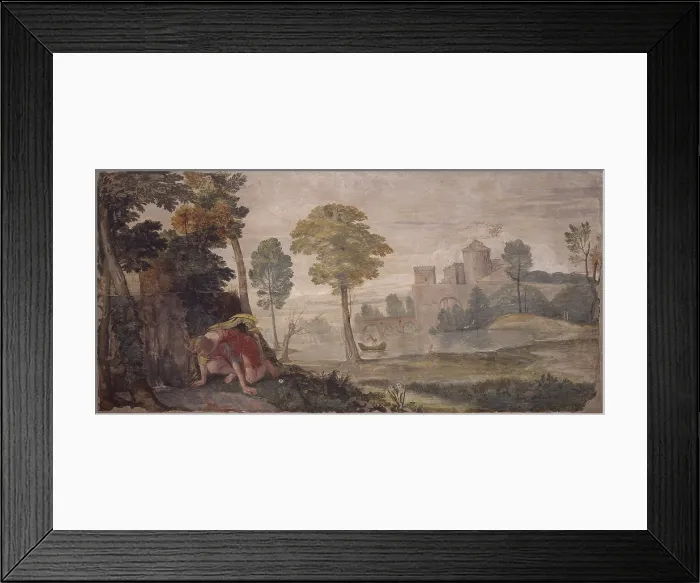 Framed Print : Narcissus (Narciso), by Domenico Zampieri known as Domenichino, 1603, 17th Century, fresco. - Italy, Lazio, Rome, Palazzo Farnese, the Loggia of the Garden. Detail
