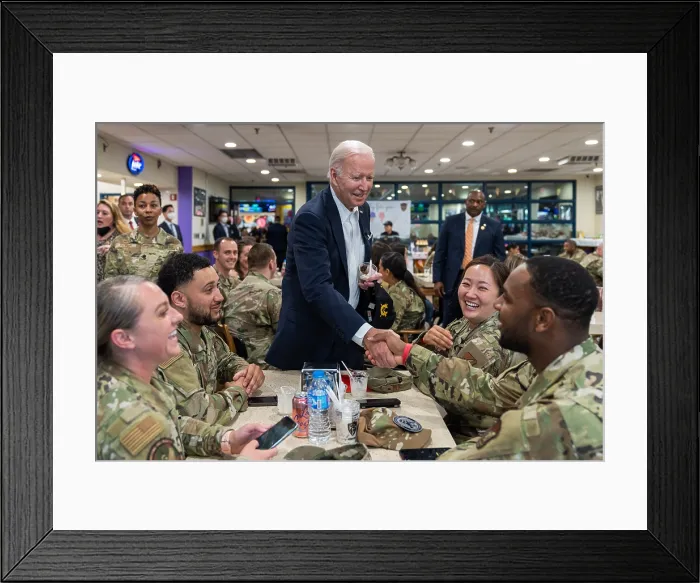 Framed Print : President Joe Biden greets members of the US Air Force 51st Fighter Wing and their families at the MiG Alley Bowling Center, Osan Air Base in Seoul, South Korea, May 22, 2022 Framed Print : President Joe Biden greets members of the US Air Force 51st Fighter Wing and their families at the MiG Alley Bowling Center, Osan Air Base in Seoul, South Korea, May 22, 2022