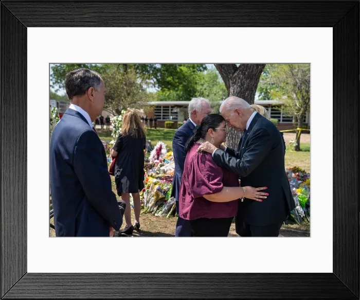 Framed Print : President Joe Biden and First Lady Jill Biden meet with School Superintendent Dr. Hal Harrell and principal Mandy Gutierrez in Uvalde, Texas, May 29, 2022 Framed Print : President Joe Biden and First Lady Jill Biden meet with School Superintendent Dr. Hal Harrell and principal Mandy Gutierrez in Uvalde, Texas, May 29, 2022