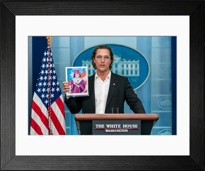Framed Print : Actor Matthew McConaughey, a native of Uvalde, Texas, holds a photo of 10-year-old shooting victim Alithia Ramirez as he makes an appeal for stronger gun control Framed Print : Actor Matthew McConaughey, a native of Uvalde, Texas, holds a photo of 10-year-old shooting victim Alithia Ramirez as he makes an appeal for stronger gun control
