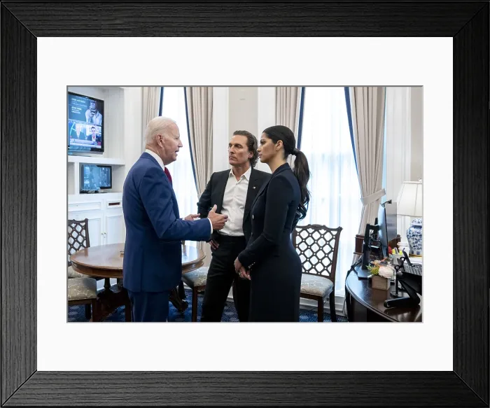 Framed Print : President Joe Biden speaks with actor Matthew McConaughey and his wife Camila Alves, June 7, 2022