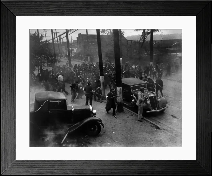 Framed Print : Armed deputy sheriffs attacking pickets in Pittsburgh. 1933. One picket was killed and another fifteen were injured at the Spang-Chalfant Seamless Tube Company plant Framed Print : Armed deputy sheriffs attacking pickets in Pittsburgh. 1933. One picket was killed and another fifteen were injured at the Spang-Chalfant Seamless Tube Company plant