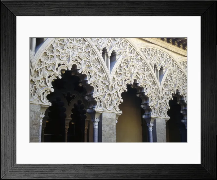 Framed Print : Polylobated Arches at the Aljaferia Palace, by Mozarabic craftsmen, 11th-15th Century, carved stone - Detail