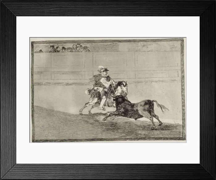 Framed Print : GOYA Y LUCIENTES, Francisco de (1746-1828). A Spanish mounted knight in the ring breaking short spears without the help of assistants. 1816. Etching. SPAIN. Madrid Framed Print : GOYA Y LUCIENTES, Francisco de (1746-1828). A Spanish mounted knight in the ring breaking short spears without the help of assistants. 1816. Etching. SPAIN. Madrid