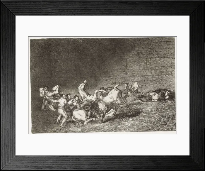 Framed Print : GOYA Y LUCIENTES, Francisco de (1746-1828). Two teams of picadors thrown one after the other by a single bull. 1816. Plate 32 of 'The Art of Bullfighting'. Engraving