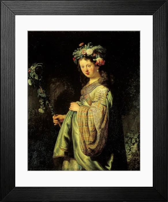 Framed Print : Saskia as Flora, by Rembrandt Harmenszoon van Rijn, 1643, 17th Century, oil on canvas, 125 x 101 cm - Russia, St. Petersburg, The State Hermitage Museum. Whole artwork view