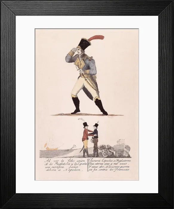 Framed Print : Spain (1808-1814). Peninsular War. Napoleon in front of the alliance between Spain and Inglaterra. Engraving. SPAIN. Madrid. Municipal Museum Framed Print : Spain (1808-1814). Peninsular War. Napoleon in front of the alliance between Spain and Inglaterra. Engraving. SPAIN. Madrid. Municipal Museum