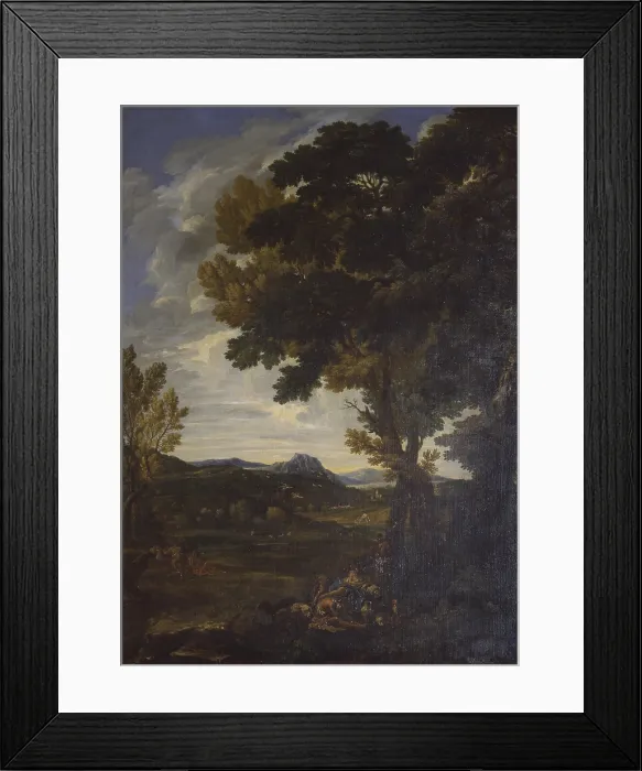 Framed Print : Landscape with travelers, by Crescentius Onofri, 17th century, oil on canvas. - Italy, Tuscany, Castello, Villa La Petraia. Whole artwork view Framed Print : Landscape with travelers, by Crescentius Onofri, 17th century, oil on canvas. - Italy, Tuscany, Castello, Villa La Petraia. Whole artwork view