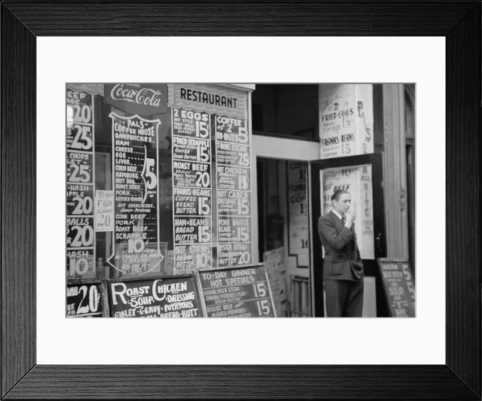 Framed Print : Depression era city restaurant with posted menu and prices. 15 cents in the 1930s is equivalent to $2.50 in 2013. (BSLOC_2013_7_106) Framed Print : Depression era city restaurant with posted menu and prices. 15 cents in the 1930s is equivalent to $2.50 in 2013. (BSLOC_2013_7_106)