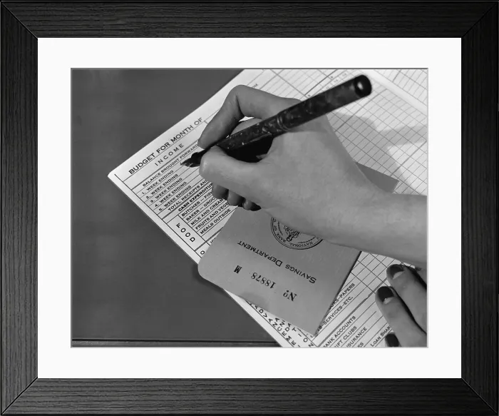 Framed Print : Bank savings book and budget worksheet, ca. 1940. (BSLOC_2013_7_109) Framed Print : Bank savings book and budget worksheet, ca. 1940. (BSLOC_2013_7_109)