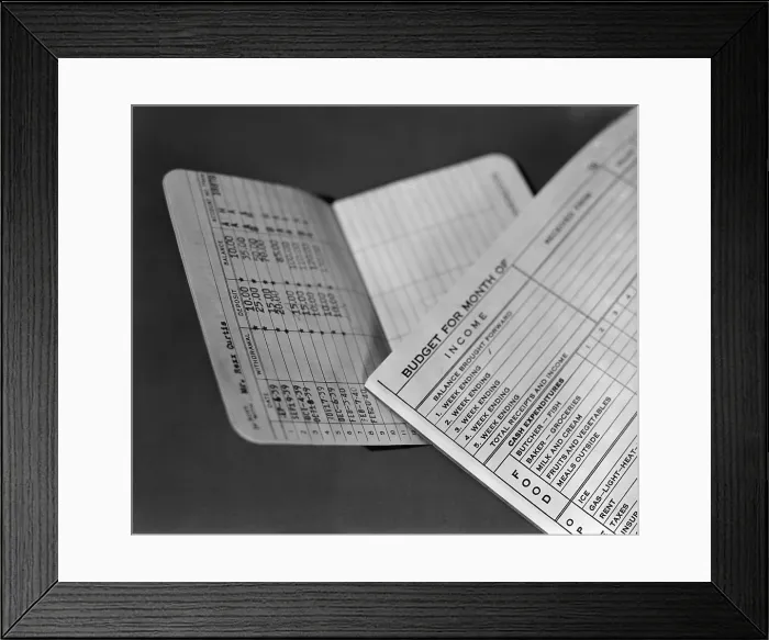 Framed Print : Bank savings book and budget worksheet, ca. 1940. (BSLOC_2013_7_111)