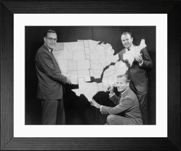 Framed Print : NBC television news anchormen illustrate the new 1962 organization of the nightly news