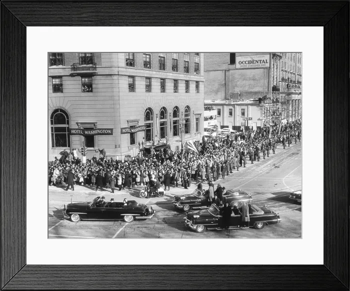 Framed Print : President John Kennedy and First Lady Jacqueline Kennedy in lead car of the Inaugural Parade. Jan. 20, 1961. - (BSLOC_2015_1_142)