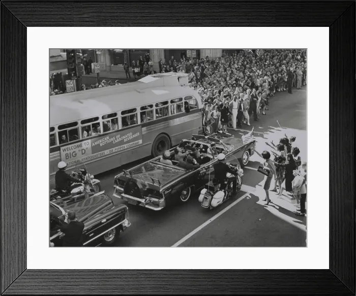 Framed Print : Dallas crowds waving as President Kennedy's limousine drives through downtown Dallas
