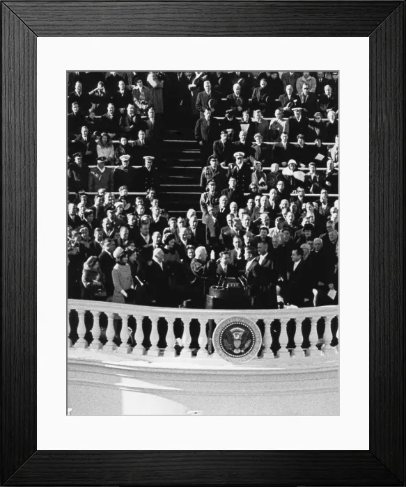 Framed Print : President John Kennedy takes the oath of office administered by Chief Justice Earl Warren. Jan. 20, 1961. - (BSLOC_2015_1_145)