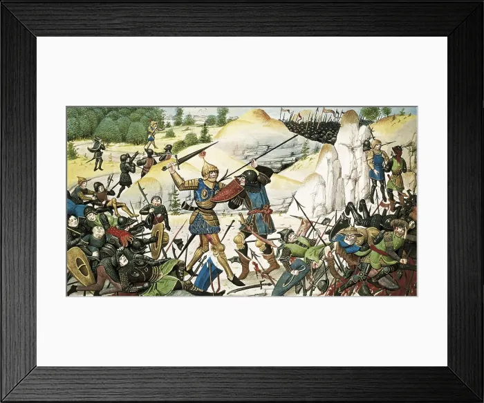 Framed Print : Battle of Roncevaux Pass (778). Knight Roland's death. Illuminated manuscript (14th c.). Gothic art. Miniature Painting. FRANCE. Paris Framed Print : Battle of Roncevaux Pass (778). Knight Roland's death. Illuminated manuscript (14th c.). Gothic art. Miniature Painting. FRANCE. Paris