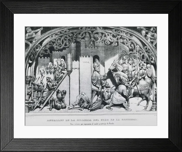 Framed Print : Spain (1485). Reconquest. Assault and delivering of Ronda to the Catholic Monarchs. Reproduction of a detail of the choir chairs of the Cathedral of Toledo. Engraving