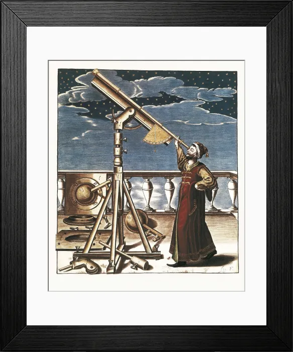 Framed Print : Hevelius, Johannes (1611-1687). 'Selenographia seu descriptio lunae' (1647). Illustration with Hevelius observing the firmament with a telescope. Etching. FRANCE. Paris