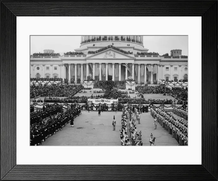 Framed Print : The East Front of the Capitol and plaza on Woodrow Wilsons inauguration day, March 4, 1913. Columns of military cadets in front of the Presidents platform Framed Print : The East Front of the Capitol and plaza on Woodrow Wilsons inauguration day, March 4, 1913. Columns of military cadets in front of the Presidents platform
