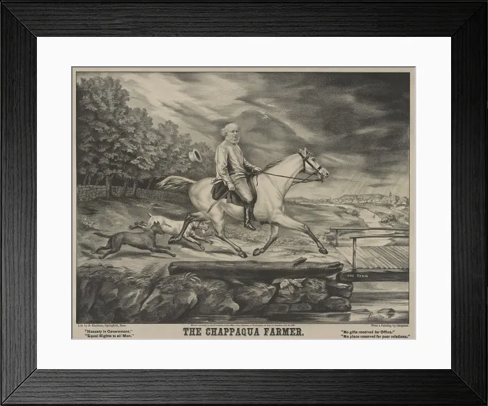 Framed Print : The Chappaqua Farmer, a 1872 campaign print of Horace Greely riding a white horse, accompanied by his dogs Reform and Democracy, as he approaches a bridge labeled, One Term Framed Print : The Chappaqua Farmer, a 1872 campaign print of Horace Greely riding a white horse, accompanied by his dogs Reform and Democracy, as he approaches a bridge labeled, One Term