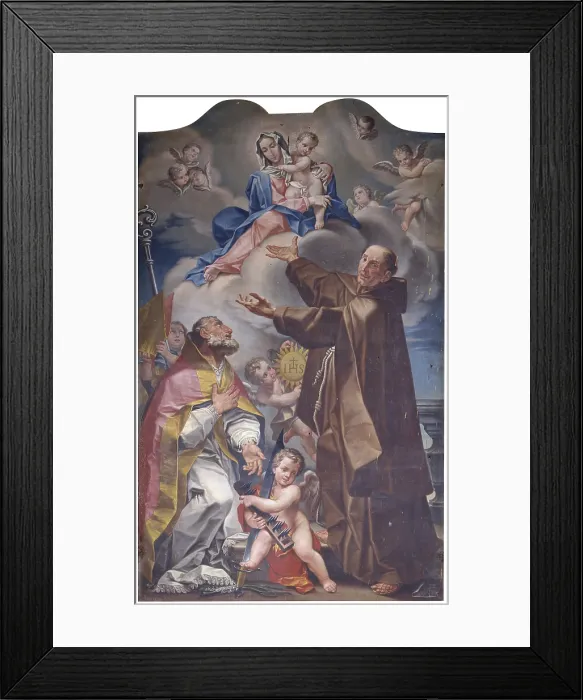 Framed Print : Adoration of the Virgin and Child, by Bernardino Castelli, 18th century, oil on canvas. - Italy, Veneto, Padua, Riviera. Whole artwork view