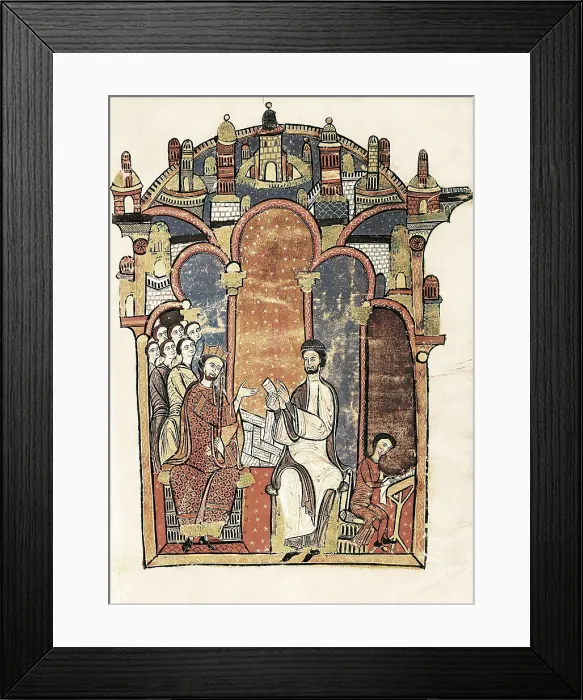 Framed Print : Liber Feudorum Maior. end 12th c. Royal cartularium made by order of Alfonso el Casto. Cover depicting the king Alfonso giving orders to Ramon Calders about the Royal Archive