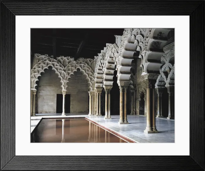 Framed Print : Aljaferia Palace. 11th c. SPAIN. Zaragoza. La Aljaferia Palace. Portico from the Emir's residence. Hispano-Moresque art. Taifas Kingdoms period. Architecture Framed Print : Aljaferia Palace. 11th c. SPAIN. Zaragoza. La Aljaferia Palace. Portico from the Emir's residence. Hispano-Moresque art. Taifas Kingdoms period. Architecture