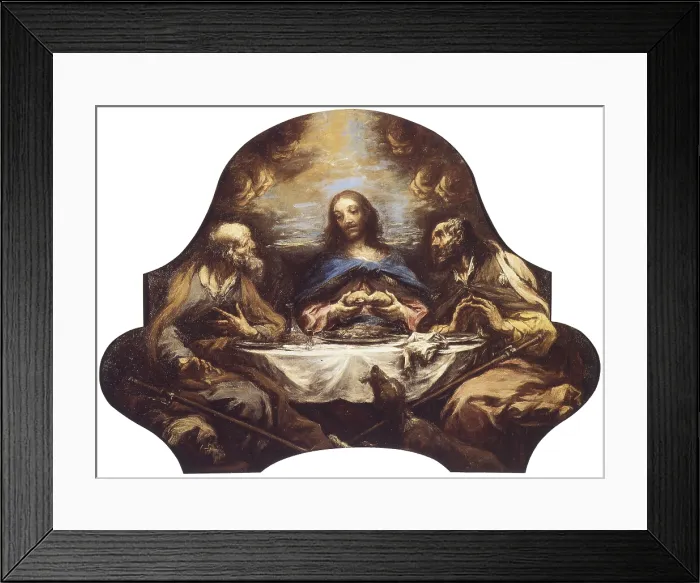 Framed Print : Supper at Emmaus, by Alessandro Magnasco known as Lissandrino, 18th century, oil on shaped canvas. - Italy, Liguria, Genoa, Convent of St. Francis of Albaro. Whole artwork view