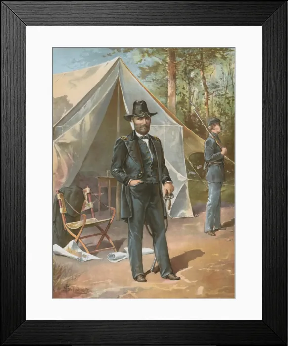 Framed Print : US Civil War. Major General Ulysses S. Grant, standing by tent, with rolled maps on the ground near a camp chair, and a sentry standing guard Framed Print : US Civil War. Major General Ulysses S. Grant, standing by tent, with rolled maps on the ground near a camp chair, and a sentry standing guard