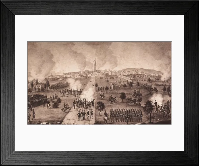Framed Print : Spain (1843). Bombardment of the city of Reus by the troops of general Zurbano. In the city generals Prim and Milans del Bosch had proclaimed the Isabel II's come of age Framed Print : Spain (1843). Bombardment of the city of Reus by the troops of general Zurbano. In the city generals Prim and Milans del Bosch had proclaimed the Isabel II's come of age
