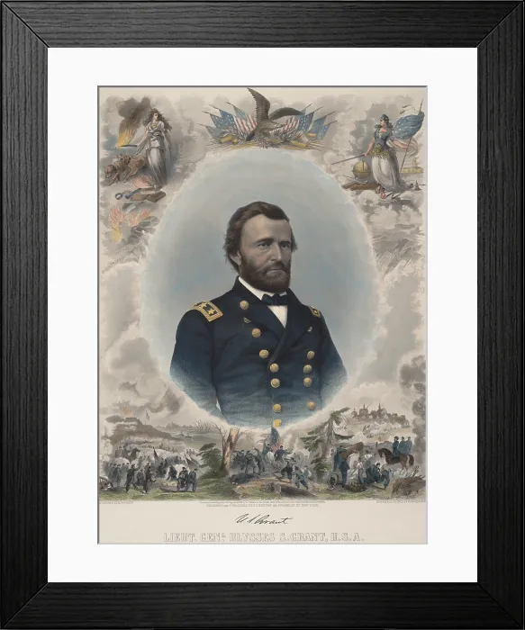 Framed Print : US Civil War. Major General Ulysses S. Grant. 1865 hand colored portrait engraving, surrounded by allegorical and battle scenes