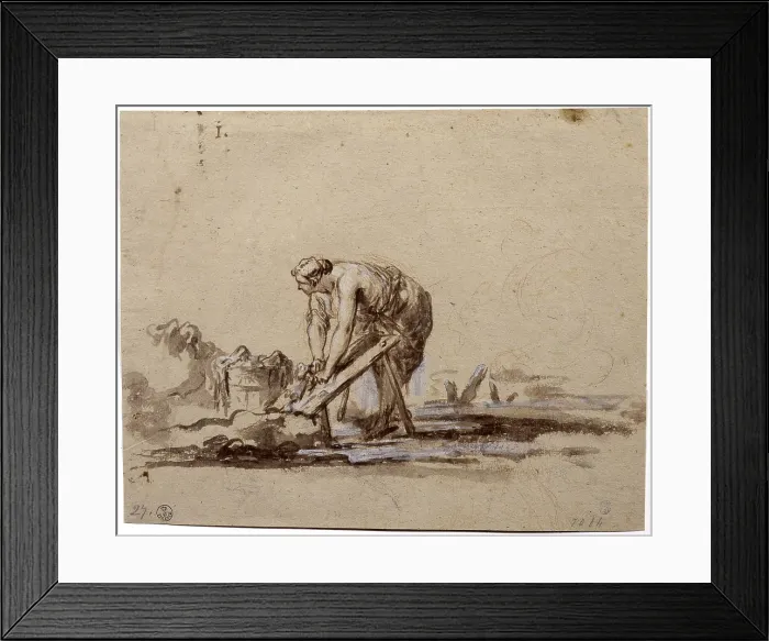 Framed Print : Laundress, by Alessandro Magnasco known as Lissandrino, 17th - 18th century, watercolor on brown paper, red and white pencil traces