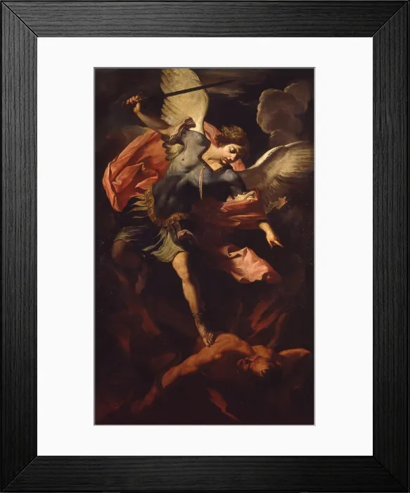 Framed Print : The Archangel Michael defeating Lucifer, by Panfilo Nuvolone, 17th century, oil on canvas. - Italy, Lombardy, Milan, Castello Sforzesco, Museum of Ancient Art. Whole artwork view