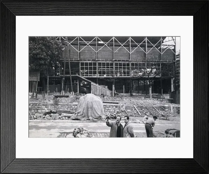 Framed Print : Paris International Exhibition (1937). Building of the Spanish Pavilion. The architects Josep Llus Sert (right) and Luis Lacasa in front the faade on 23rd May