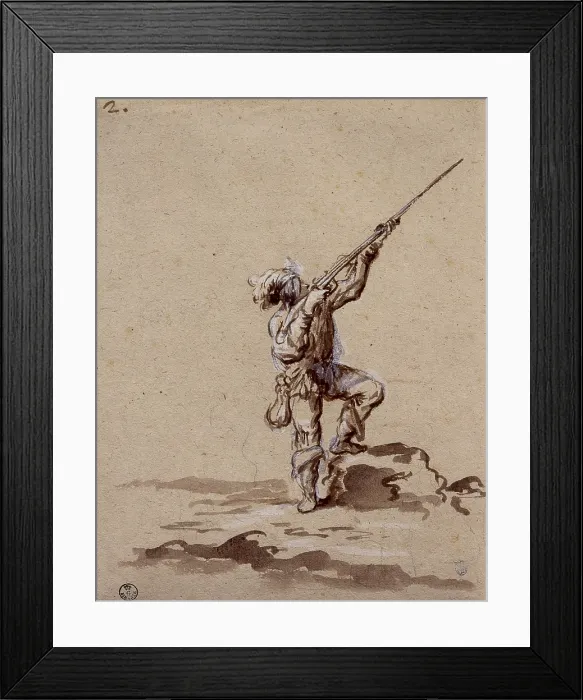 Framed Print : Hunter, by Alessandro Magnasco known as Lissandrino, 17th - 18th century, watercolor brown and white highlights on paper