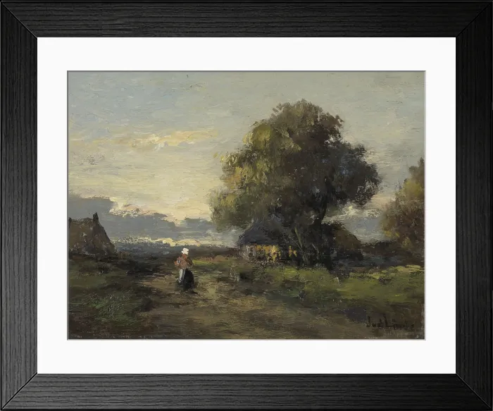 Framed Print : Landscape with Farmhouses, by Jan van der Linde, c. 1905-45, Dutch painting, oil on panel. A woman walks on a country road in a landscape with a farmhouse among trees