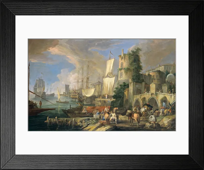 Framed Print : Harbor's View with Bridge and Tower (Veduta di porto con ponte e torre), by Luca Carlevaris, 1713, 18th Century, oil on canvas - Italy, Lombardy, Milan, Credito Artigiano