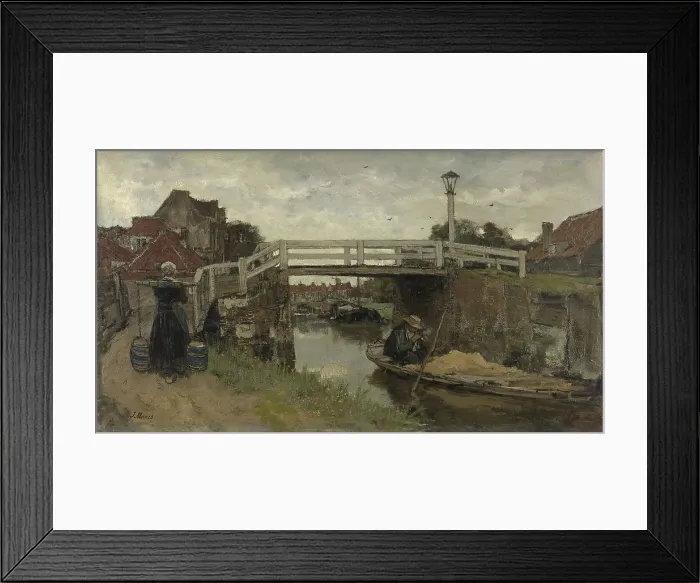 Framed Print : The Bridge, by Jacob Maris, c. 1879, Dutch painting, oil on canvas. Peasant Woman carries two pails of milk with a yoke, while a man in small sand barge lights his pipe Framed Print : The Bridge, by Jacob Maris, c. 1879, Dutch painting, oil on canvas. Peasant Woman carries two pails of milk with a yoke, while a man in small sand barge lights his pipe