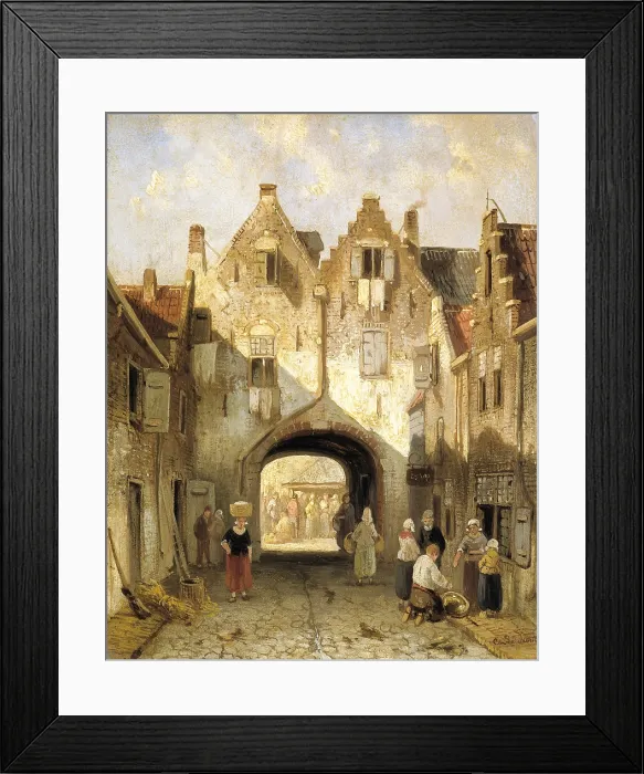 Framed Print : The Old Portal, by Charles Leickert, c. 1850-80, Dutch painting, oil on panel. Double faade of town gateway with pedestrians on 19th century street