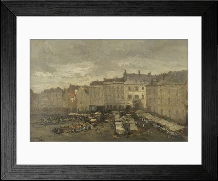 Framed Print : The Grand Place (Grand Market), Brussels, by Guillaume Vogels, 1875, Belgian painting, oil on canvas. View of market stalls in the central square of Brussels (BSLOC_2016_1_107)