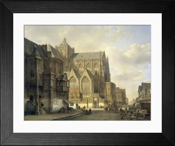 Framed Print : Cityscape, by Kasparus Karsen, c. 1840-80, Dutch painting, oil on canvas. Imaginary cityscape with buildings and Gothic cathedral in a square